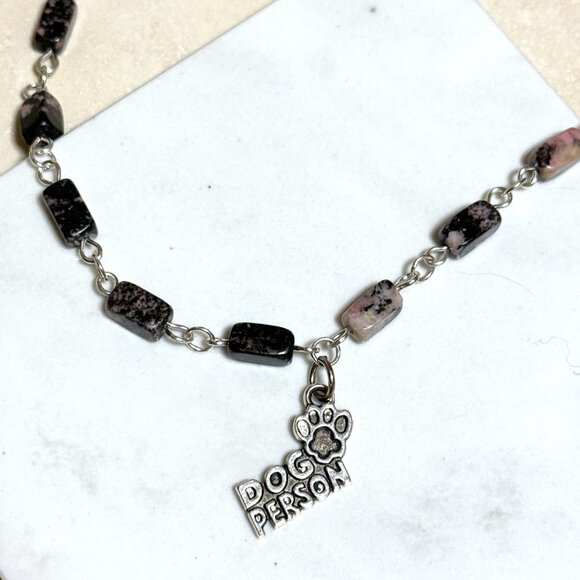 Genuine Gemstone Black Pink Rhodonite w/ Dog Person Pendant Short Necklace - Picture 4 of 15